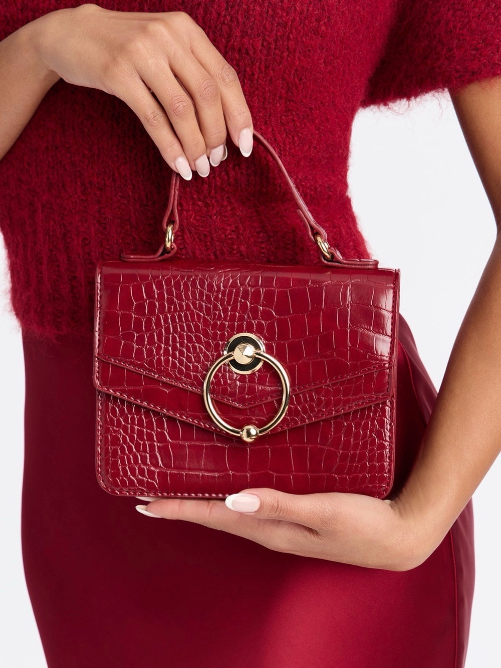 Women's Croc-Embossed Burgundy Top-Handle Bag with Gold Ring